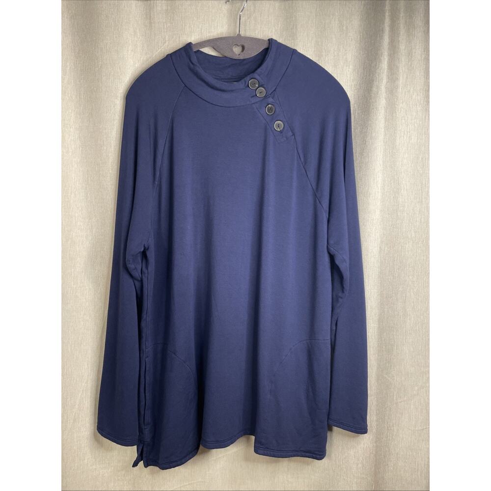 Chico’s Women’s Navy Mock Neck w/Buttons Sweatshirt Size Large (2) Pockets/Soft